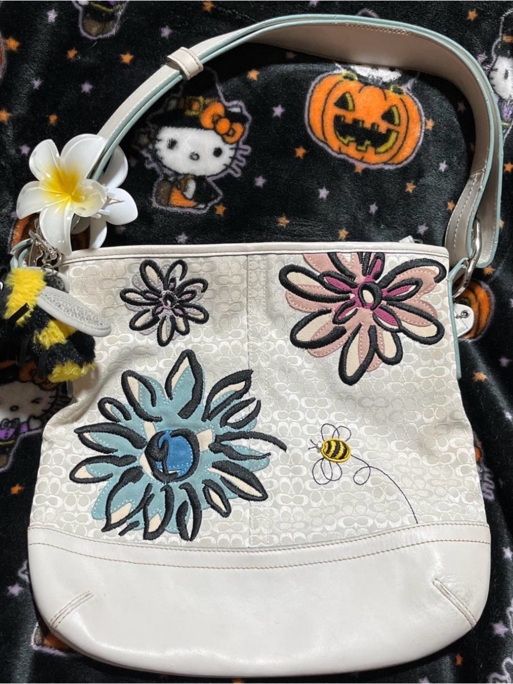 Coach Floral Embroidered White Shoulder Bag with Bee Charm